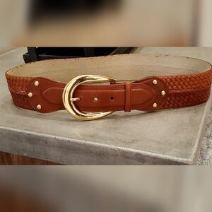 Michael Kors Wide Saddle Brown Woven Leather Gold Buckle Belt, Med. LIKE NEW